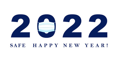 Happy New Year 2022. 2022 with a protective face mask. Christmas, new year's day during pandemic coronavirus, COVID Holiday, Pandemic Holiday.Safe New Years and Christmas celebrations.