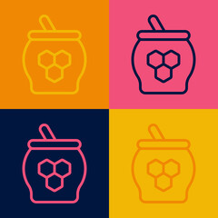 Pop art line Jar of honey and honey dipper stick icon isolated on color background. Food bank. Sweet natural food symbol. Honey ladle. Vector