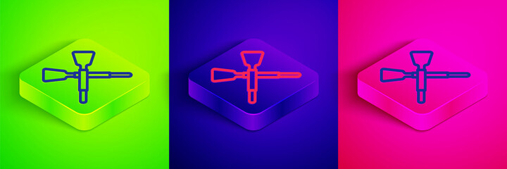 Fototapeta premium Isometric line Crossed oars or paddles boat icon isolated on green, blue and pink background. Square button. Vector
