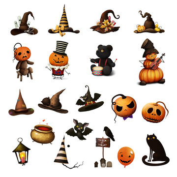 Fantasy illustration set collection of objects for Halloween greeting card