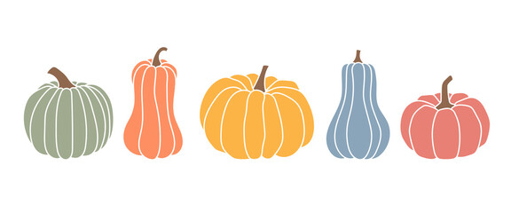 Set of pumpkins, autumn colors, different types of pumpkins - obrazy, fototapety, plakaty