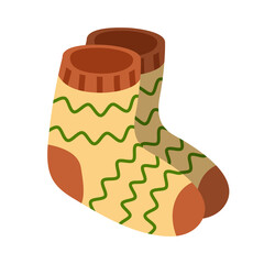 Funny cartoon warm socks for autumn season, cute vector illustration in flat style. Beige, brown and green colors. Fall season symbol, warm clothes. Print for sticker, postcard, books, decor