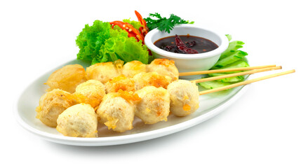 Deep Fried Crispy Pork Balls in Skewers Served Fry Chili Spicy Sauce Dipping Thai Street Food