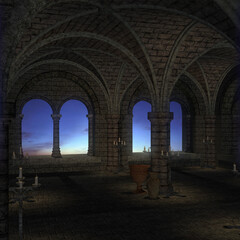 3d illustration of a fantasy cloister with a colorful sky through window