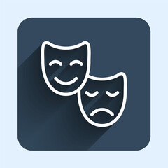 White line Comedy and tragedy theatrical masks icon isolated with long shadow background. Blue square button. Vector