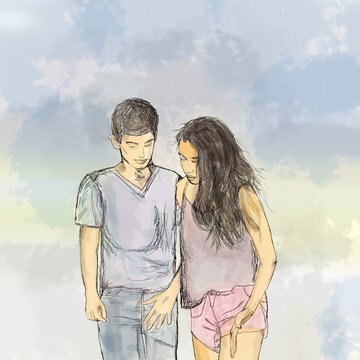 Para młoda kobieta i chłopak kłótnia ilustracja pastelowe kolory