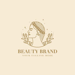 Hand drawn feminine woman beauty minimal face and floral botanical logo template for makeup spa salon skin & hair care  vector illustration