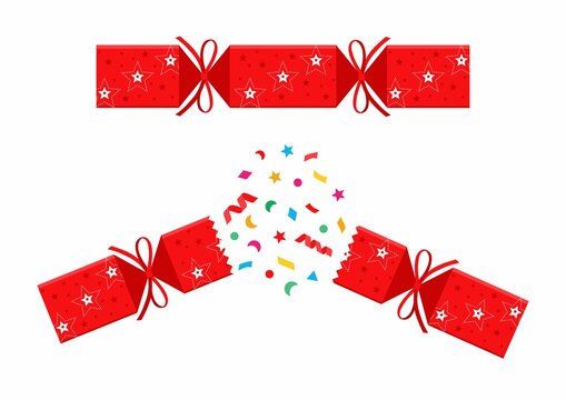 Christmas cracker isolated. Pulled red cracker with stars on a white background