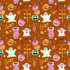 watercolor halloween pumpkin seamless pattern