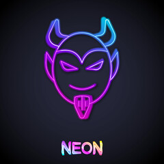 Fototapeta na wymiar Glowing neon line Devil head icon isolated on black background. Happy Halloween party. Vector