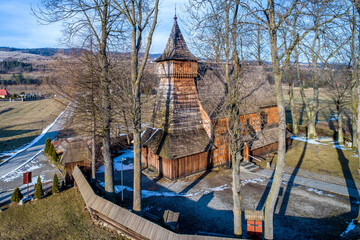 Debno, Poland. Medieval wooden Gothic church of the Saint Archangel Michael, built in 15th century,...
