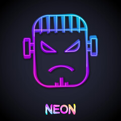 Glowing neon line Scary monster - Frankenstein face icon isolated on black background. Happy Halloween party. Vector