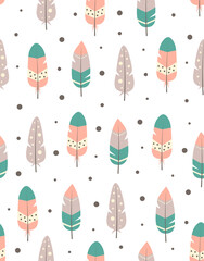 seamless pattern with boho tribal colorful feathers