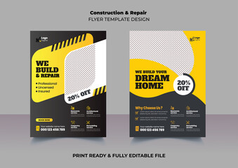 Construction and Builder Company Flyer, Renovation Flyer, Home Repair Flyer Template Design
