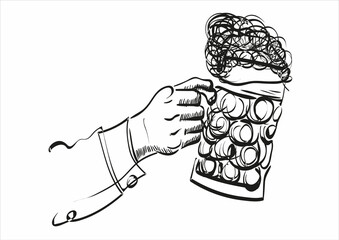 Hand holding a full glass of beer, vector illustration sketch