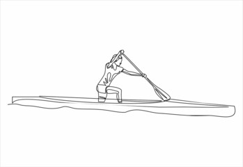 athlete canoeist rowing in canoe, competition race.One continuous single drawing line