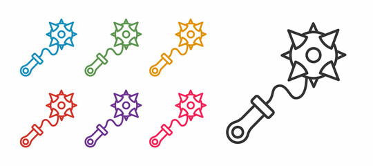 Set line Medieval chained mace ball icon isolated on white background. Morgenstern medieval weapon or mace with spikes. Set icons colorful. Vector