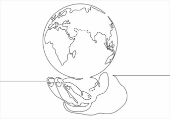 Continuous one line drawing. hand holding Earth globe.