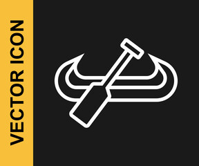 White line Kayak and paddle icon isolated on black background. Kayak and canoe for fishing and tourism. Outdoor activities. Vector