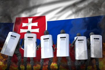 Slovakia police swat in heavy smoke and fire protecting country against riot - protest stopping concept, military 3D Illustration on flag background