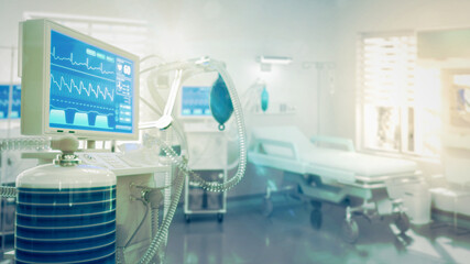 lungs ventilator in bright sunny clinic room - conceptual industrial 3D rendering