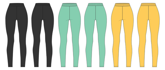  Black, Yellow, Green Slim fit Leggings pants fashion flat sketch vector illustration template front, back view isolated on white background. Girls Long Legging mock up for Women's unisex CAD.