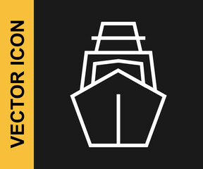 White line Yacht sailboat or sailing ship icon isolated on black background. Sail boat marine cruise travel. Vector