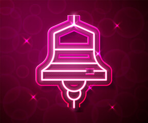 Glowing neon line Ship bell icon isolated on red background. Vector