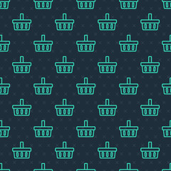 Fototapeta na wymiar Green line Shopping basket icon isolated seamless pattern on blue background. Online buying concept. Delivery service sign. Shopping cart symbol. Vector