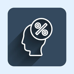 White line Discount percent tag icon isolated with long shadow background. Shopping tag sign. Special offer sign. Discount coupons symbol. Blue square button. Vector