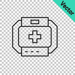 Obraz premium Black line First aid kit icon isolated on transparent background. Medical box with cross. Medical equipment for emergency. Healthcare concept. Vector