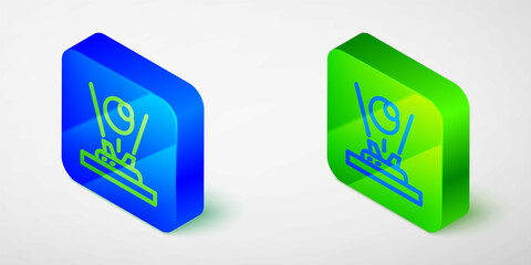Isometric line Hologram icon isolated grey background. Global communication technology. Blue and green square button. Vector