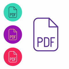 Set line PDF file document. Download pdf button icon isolated on white background. PDF file symbol. Set icons colorful. Vector