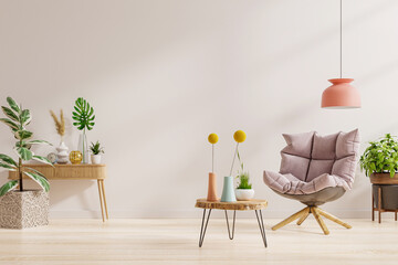 Interior design of living room at modern home with armchair on empty light white wall background.