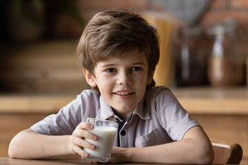 Smiling cute little kid boy sitting at table with glass of fresh organic yummy yoghurt or fresh milk, enjoying healthy lifestyle, feeling refreshed drinking dairy products sitting at table in kitchen.