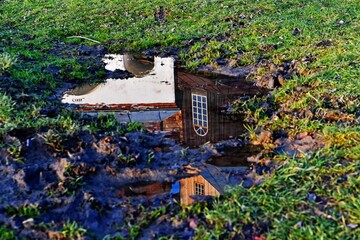 Reflection in the puddle Orthodox church of St. Michael the Archangel in Bystre, Bieszczady...