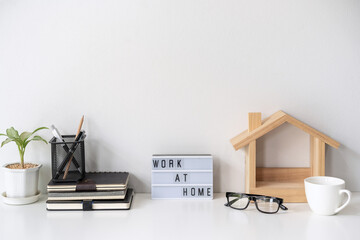 Modern and stylish workspace mock up and desk office supplies with white background and copy space, Work at home concept