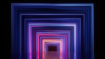 3d render, abstract panoramic background with neon lines glowing in ultraviolet spectrum. Empty virtual room, square frame