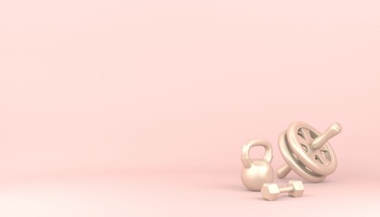 Golden dumbbell, kettlebell and ab wheel on pastel pink background. Female workout concept. 3D rendered illustration.