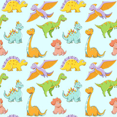 Naklejka premium nice sweet colorful seamless pattern various little dinosaurs on light blue background