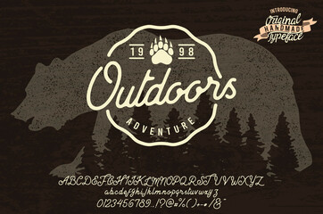 Outdoors. Hand made script typeface. Sans script. Forest outline. Nature flat landscape. Texture background.