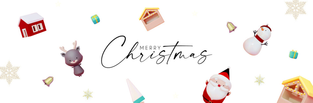 Merry Christmas and Happy New 2022 Year header design with 3D Santa Claus character, snowman, deer, market stalls, golden bell and gift box.