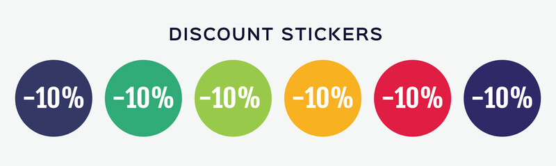 6 circles set with 10 discount icon in various colors. Vector illustration.