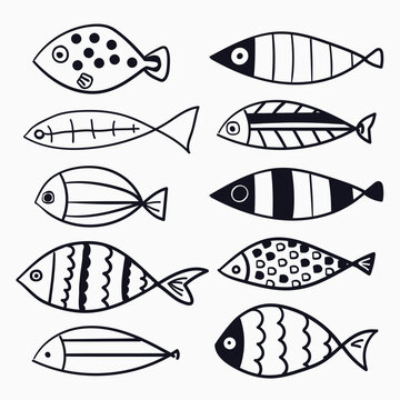 isolated childish hand drawn lines art fancy fishes marine aquatic animal for background, wallpaper, texture, banner, label, cover, card, etc. vector design.