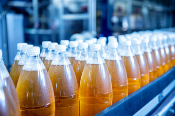 Conveyor belt with bottles for juice or water at a modern beverage plant