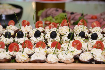 Delicious salad with eggs, cheese, black olives and tomatoes served on a plate