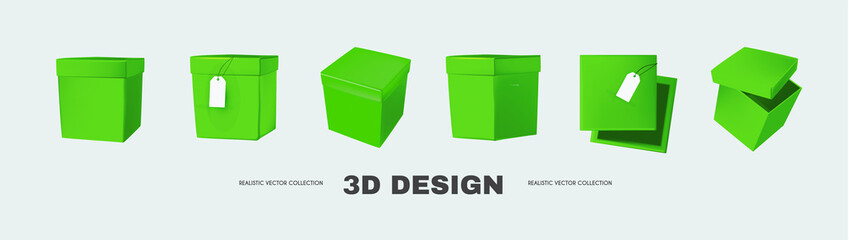3D box collection in different view. Delivery and gift boxes realistic design isolated on white.