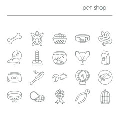 Pet shop icons isolated. Collection of thin line symbols of pets and equipment