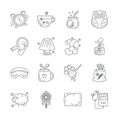 Sleep and insomnia icons isolated. Collection of thin line symbols of sleep.