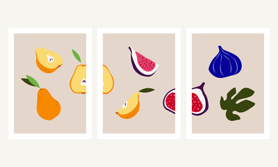 Vector illustration of autumn fruits. Autumn poster with figs and pears. Abstract shapes of fall object.